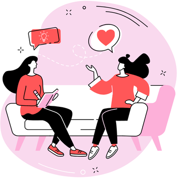 pink graphic depicting two women chatting on a sofa